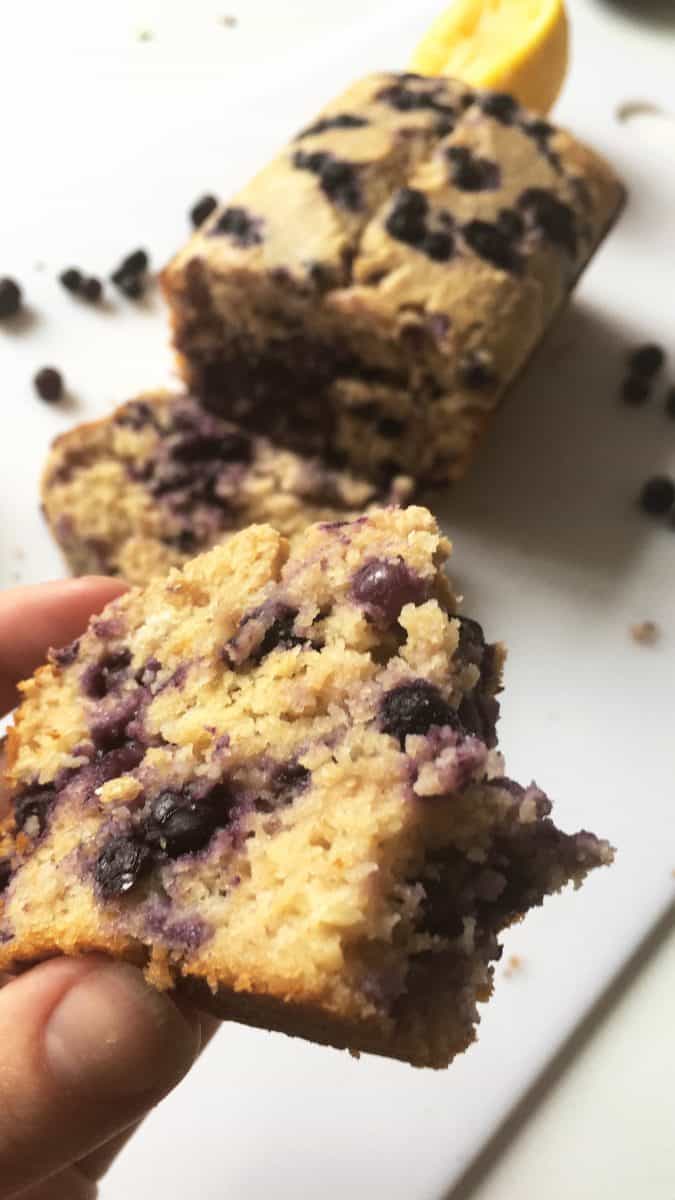 close up slice of blueberry lemon bread