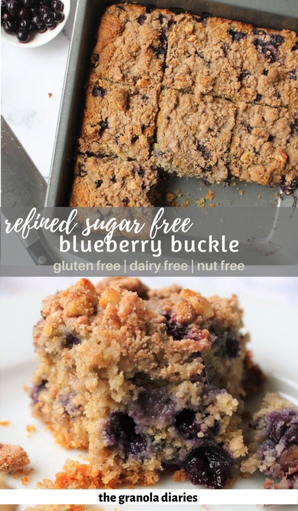 Pinterest image for Healthy Blueberry Buckle, with birds eye view shot on top and close up slice on bottom