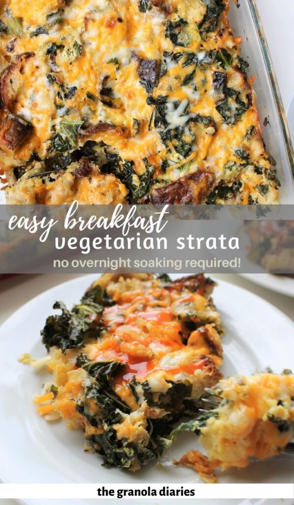 Easy Vegetarian Kale Strata made with a handful of simple ingredients and leftover homemade bread. Its a perfect recipe for meal prep or feeding a crowd. #mealprep #homemadebread #kalestrata #vegetarianstrata #breadpudding