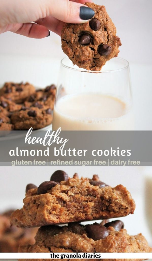 Healthy Flourless Almond Butter Chocolate Chip Cookies. Gluten free, dairy free, vegan, refined sugar free. #almondbuttercookies #flourlesscookies #glutenfree #vegan #grainfree