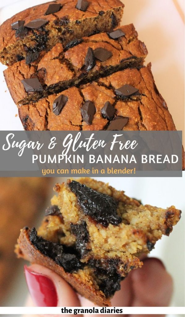 Healthy Pumpkin Banana Bread you can make with just 5 main ingredients, using a blender! Gluten Free & Vegan Option!  #pumpkinbananabread #chocolatechippumpkinbread #glutenfreepumpkinbread #healthybaking