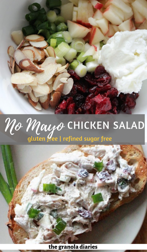 Healthy Chicken Salad made with no mayo, cranberries, apples, greek yogurt, celery, almonds, and green onion #chickensalad #healthychickensalad #mayofreechickensalad #healthyrecipes #mealprep