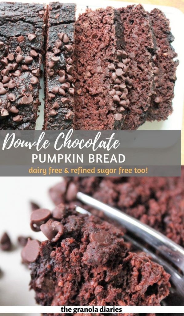 Healthy Chocolate Pumpkin Bread made with just 6 main ingredients including oat flour, canned pumpkin puree, and maple syrup. #chocolatepumpkinbread #healthypumpkinbread #glutenfreebaking