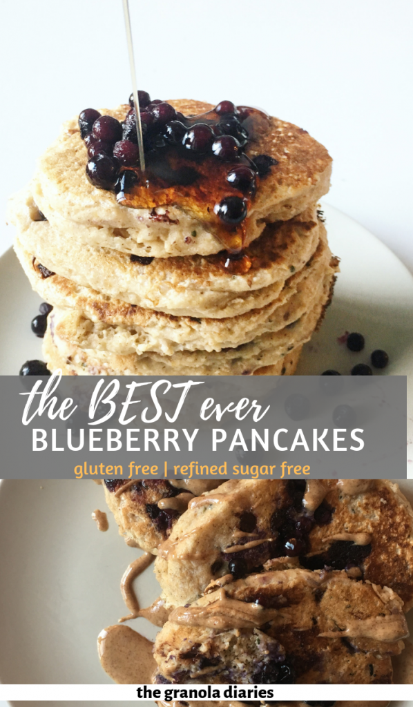 Healthy Blueberry Pancakes made with oat flour, greek yogurt, almond milk, and an egg or flax egg. Gluten free and sugar free. #glutenfree #healthypancakes #sugarfreepancakes #fluffypancakes #bluberrypancakes #glutenfreepancakes