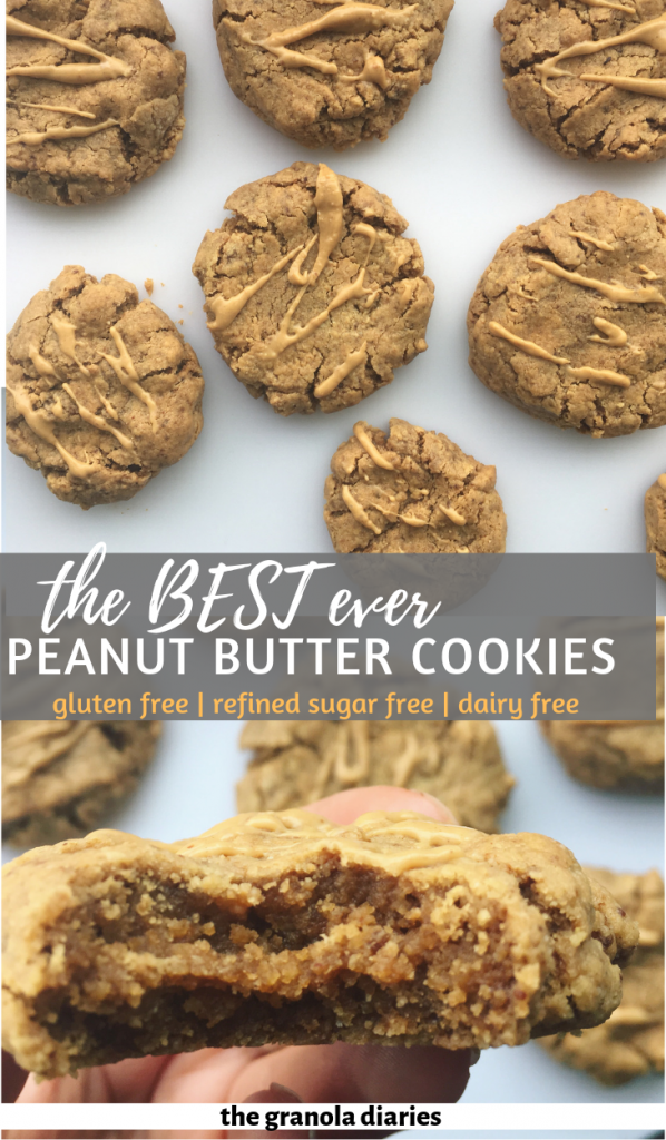 These are the best Healthy Peanut Butter Cookies you'll ever eat! Only 5 ingredients and about 15 minutes. Gluten, refined sugar, and dairy free! #peanutbutter #peanutbuttercookies #cookies #healthybaking #glutenfree #dairyfree #vegan #sugarfree