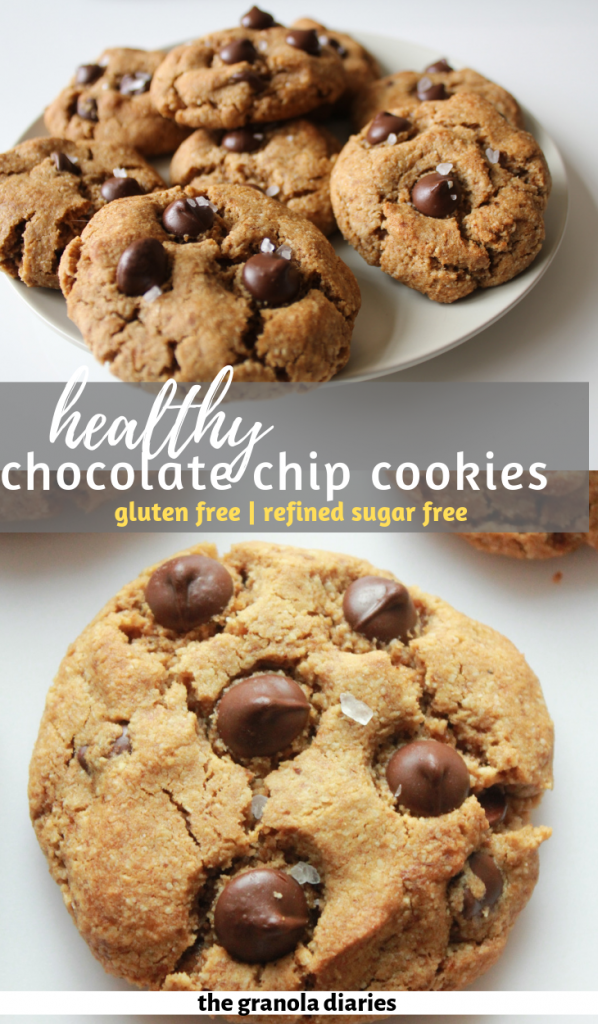 Healthy Flourless Chocolate Chip Cookies are made with coconut sugar, almond flour, almond butter, coconut flour, and some butter or coconut oil! #glutenfree #refinedsugarfree and #dairyfree 