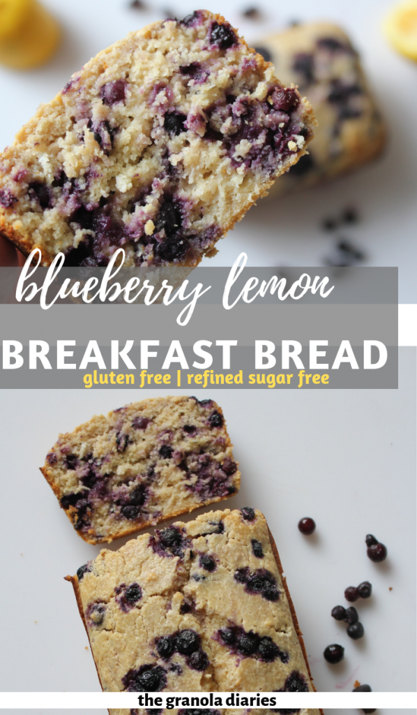 This Lemon Blueberry Bread is perfect for breakfast; the ingredients are all nutritious, filling, and won’t cause a sugar crash (sweetened with just a touch of honey)! With a base of oat flour, this bread is *almost* equivalent to a nutritious bowl of oatmeal for breakfast. Except the lemon and blueberry make it feel a lot more springy than a bowl of wintery oatmeal! #lemonblueberry #glutenfree #dairyfree 