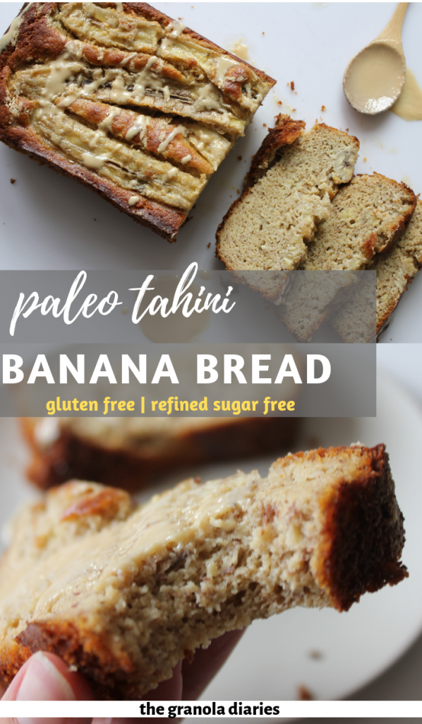 The 2 main ingredients of this bread are in the title: Tahini & Banana. Add some almond flour to give it a "bready" texture, some eggs to bind it all together, and a touch of honey to sweeten it ever-so-slightly, and that's it! A gluten free, paleo, sugar free and simple banana bread recipe!