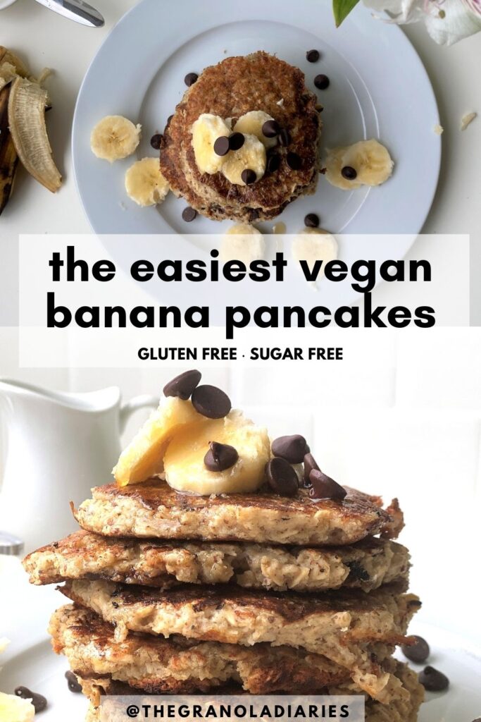 Easy recipe for Vegan Banana Pancakes that are also gluten free and sugar free, Healthy pancake recipe that is so easy to make! #vegan #bananapancakes #glutenfreedairyfree #easyrecipe