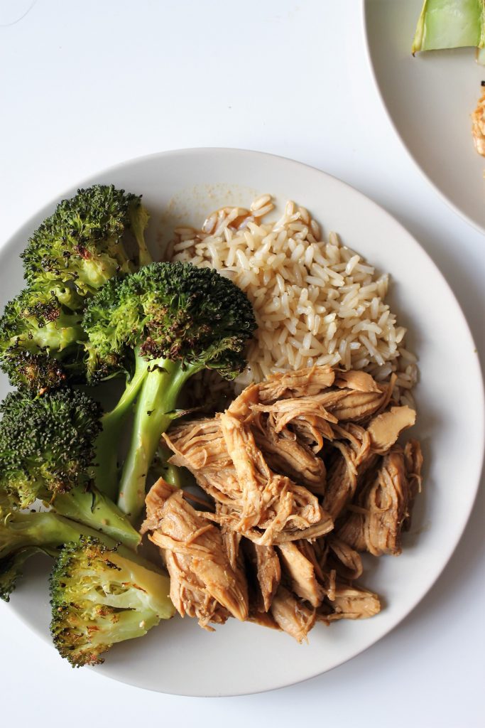 Instant Pot Teriyaki Chicken with blasted broccoli and brown rice. A great gluten free meal prep and healthy option!