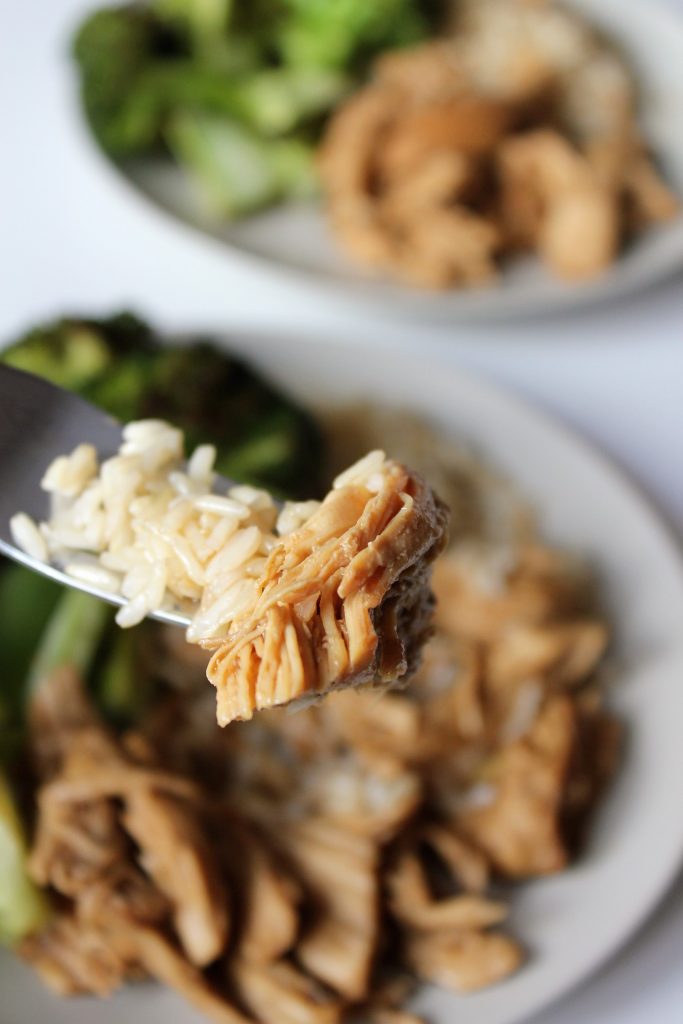 Instant Pot Teriyaki Chicken with blasted broccoli and brown rice. A great gluten free meal prep and healthy option! a close up bite