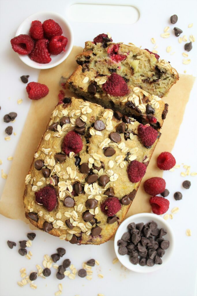 birds eye view of raspberry chocolate chip banana bread