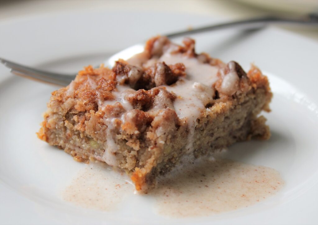 Close up shot of a slice of banana coffee cake 