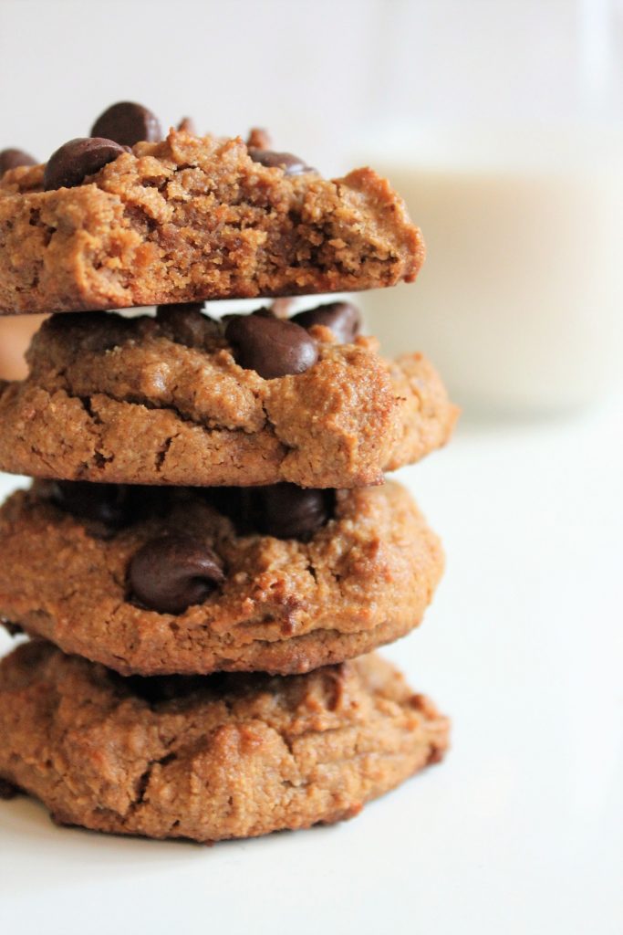 Nice stack of gluten free chocolate chip cookies made from almond butter