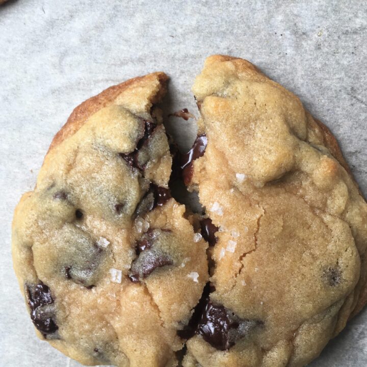 bakery chocolate chip cookie split in half