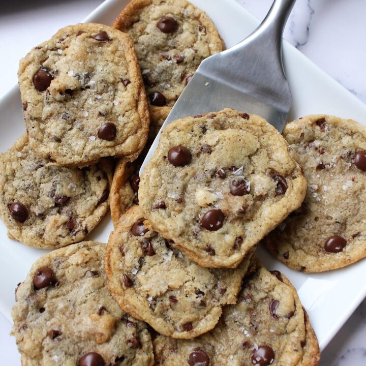 eggless chocolate chip cookies, thin and chewy, being served