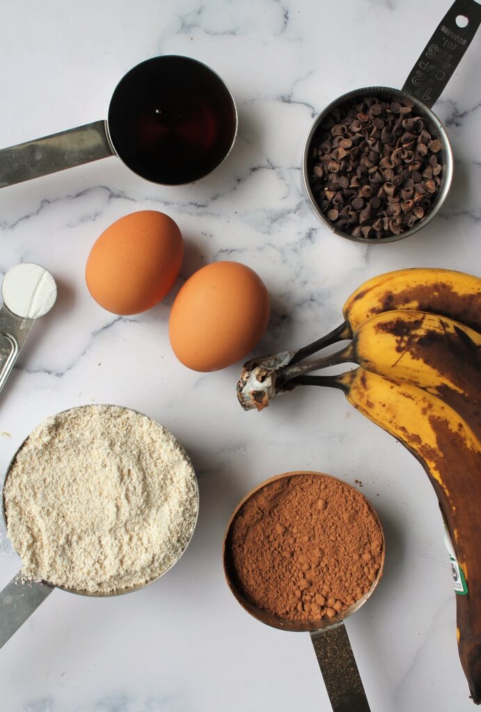 layout of ingredients for chocolate banana bread recipe