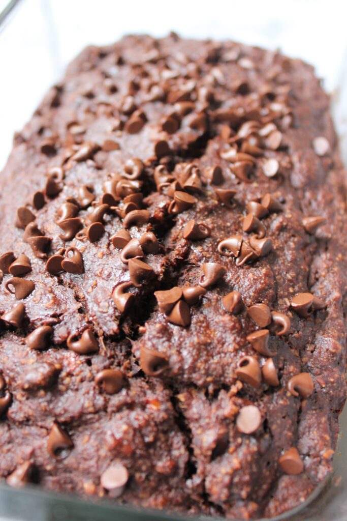 close up shot of the top of double chocolate banana bread