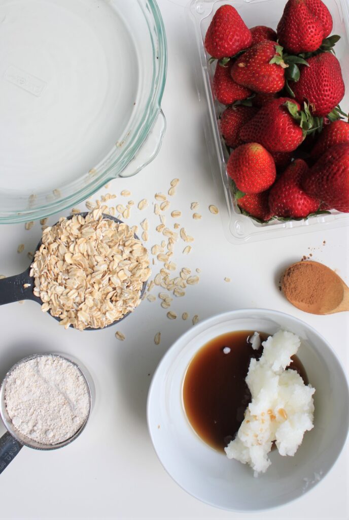 recipes laid out in mise en place to make the strawberry crisp