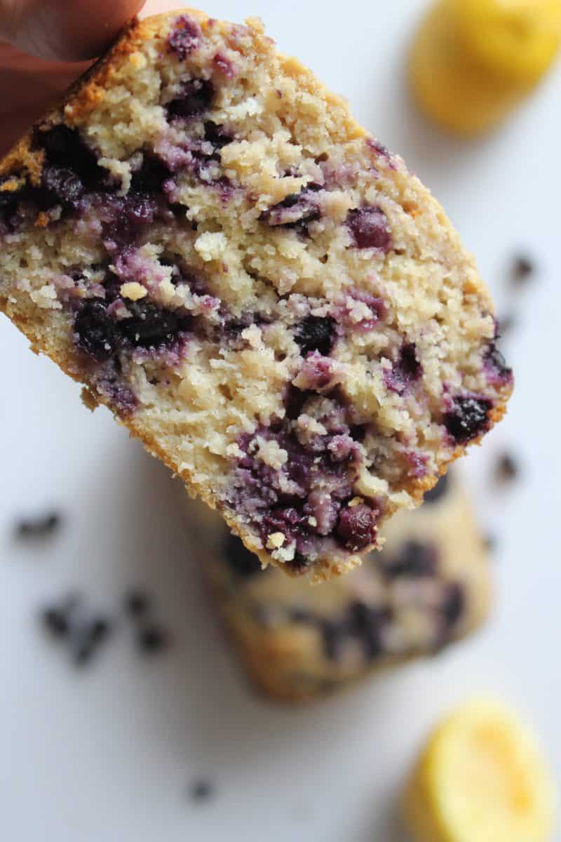 close up slice of blueberry lemon bread