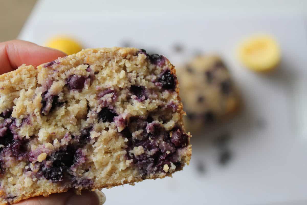 close up slice of blueberry lemon bread