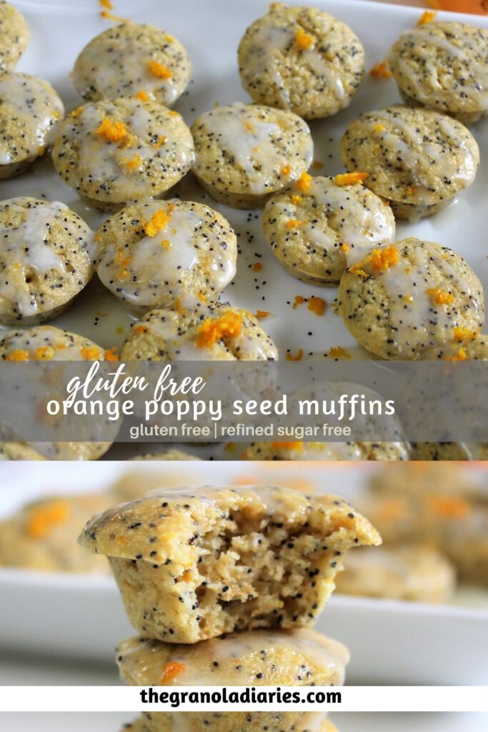 Gluten Free Orange Poppy Seed Muffins, refined sugar free and no butter. Made with oat flour and honey. #healthymuffins #glutenfree #orangemuffins #poppyseed #refinedsugarfree