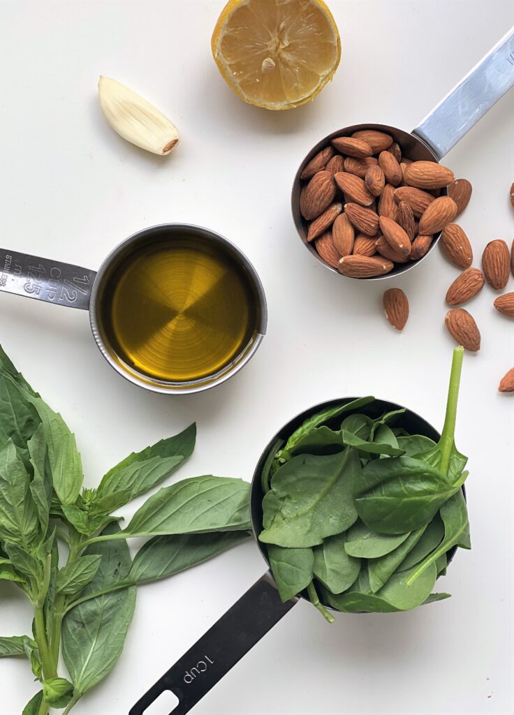 ingredients in mise en place for the almond pesto