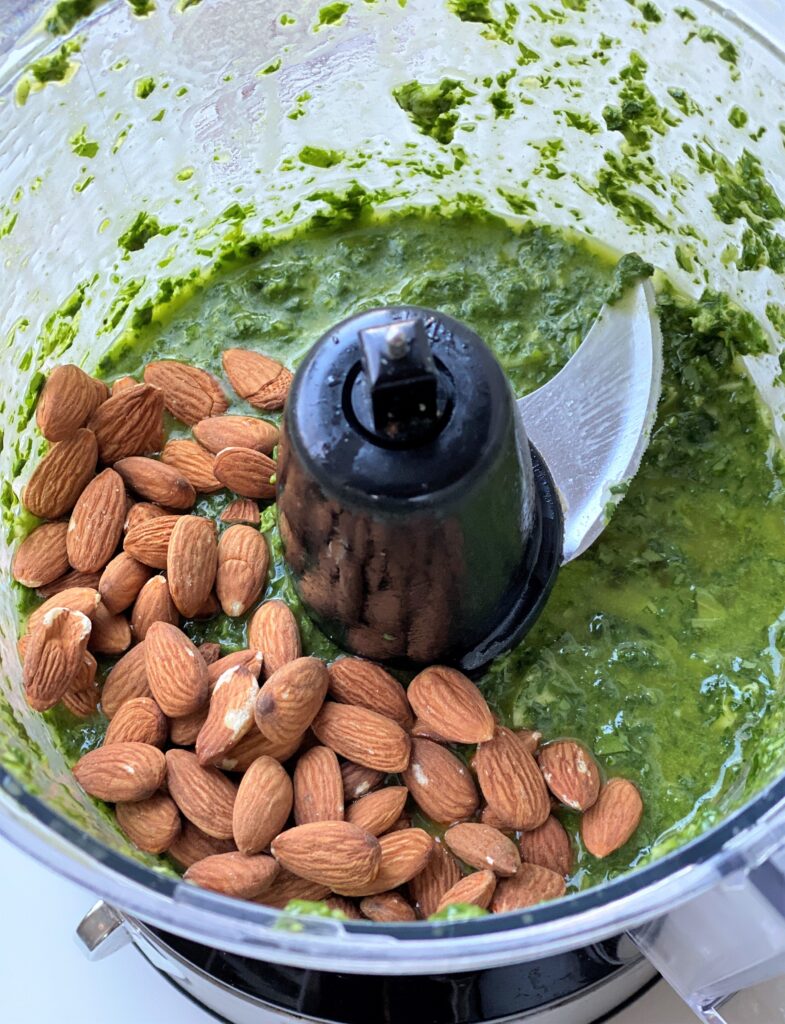 pesto in the food processor with the almonds just added in