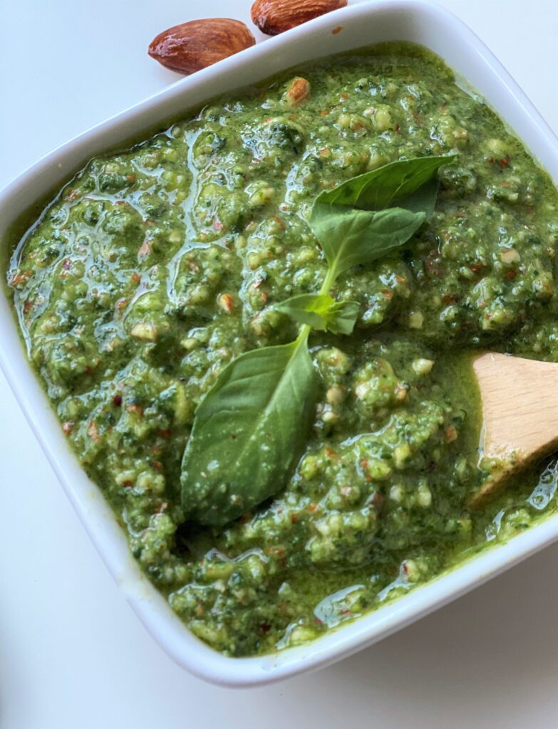 close up of almond pesto in a bowl