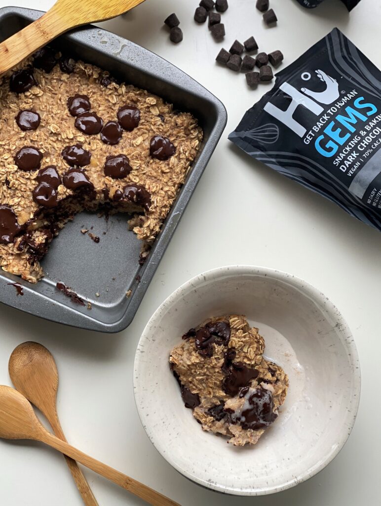 a slice of vegan baked oatmeal in a bowl