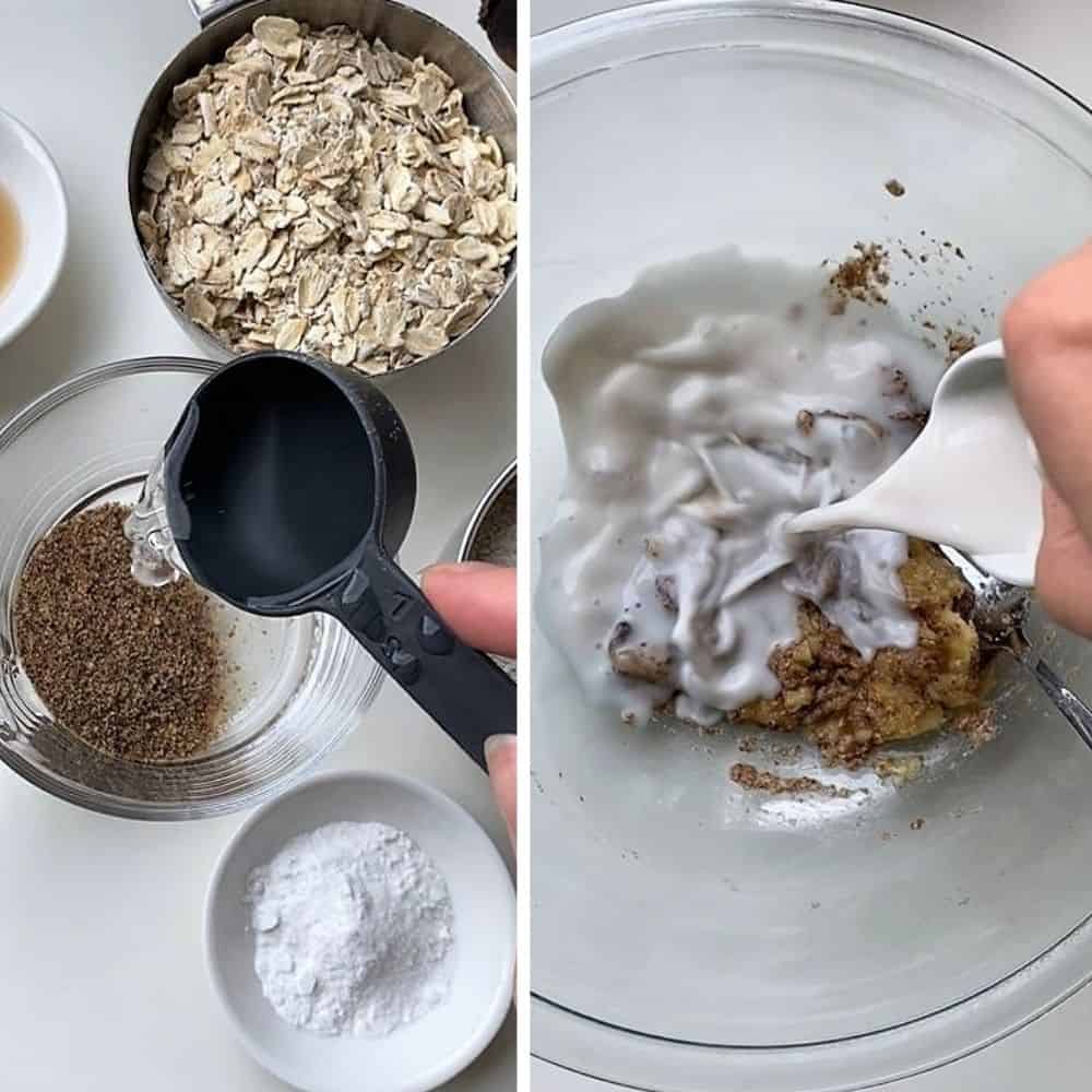 Making a flax egg on the left, and pouring almond milk into the pancake batter on the right