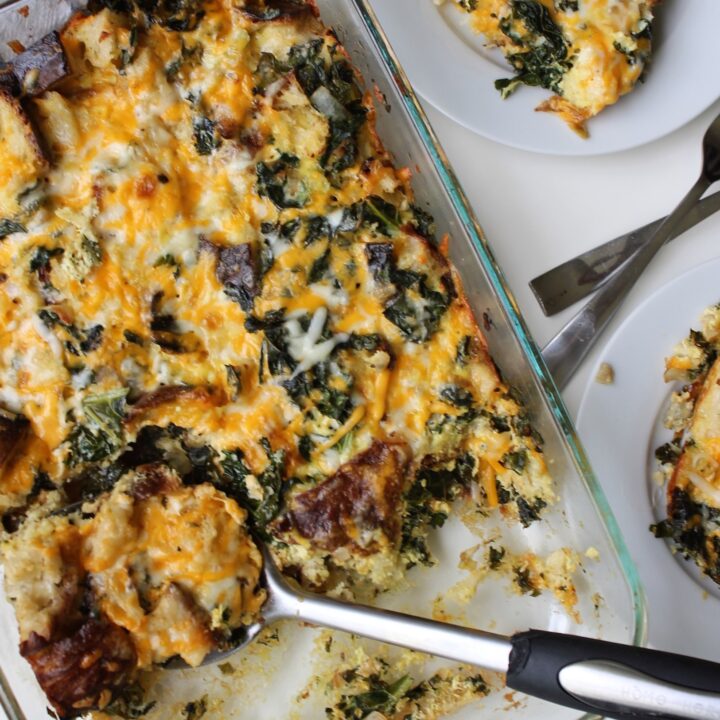 vegetarian kale strata in a pan serving 2 servings