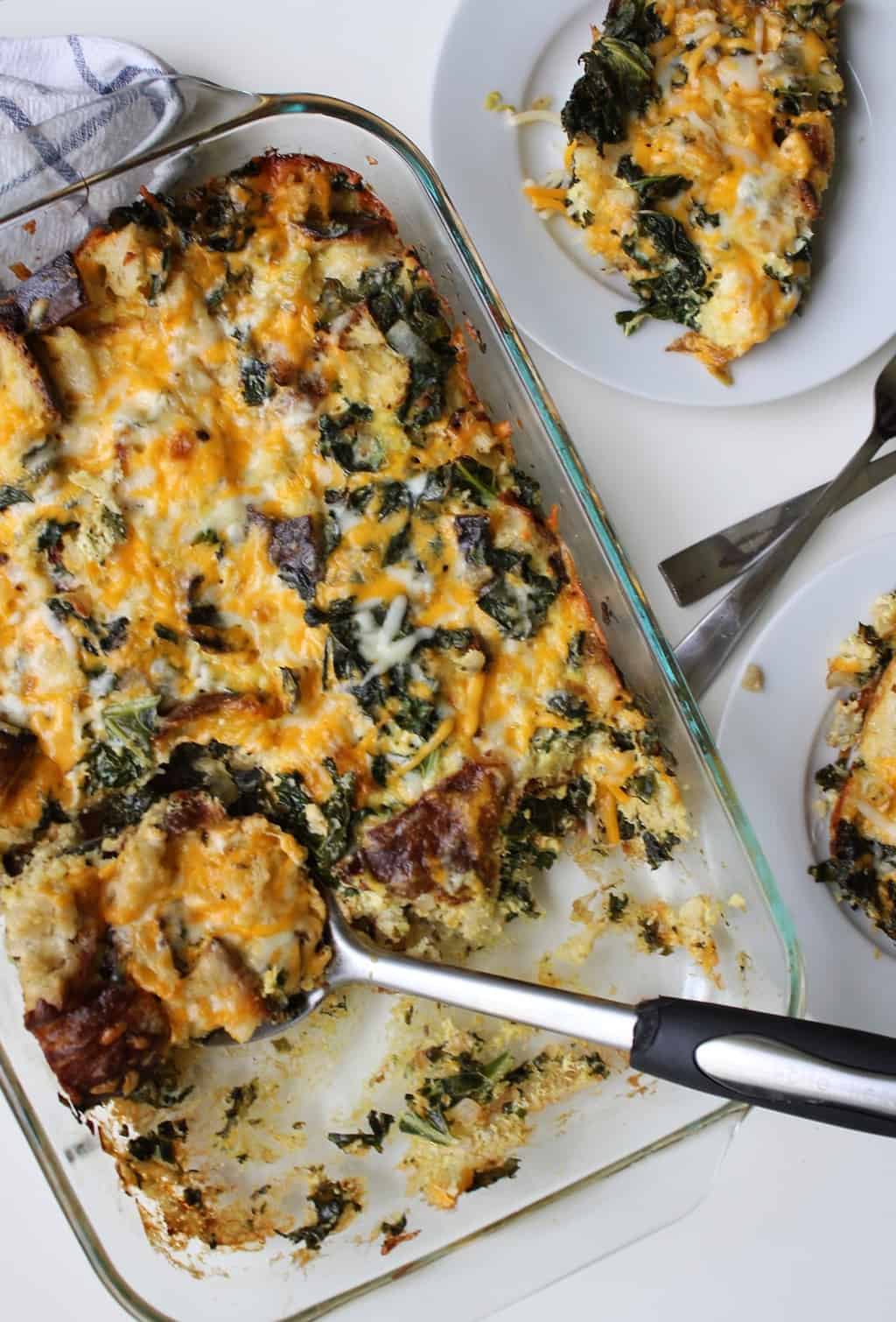 vegetarian kale strata in a pan serving 2 servings